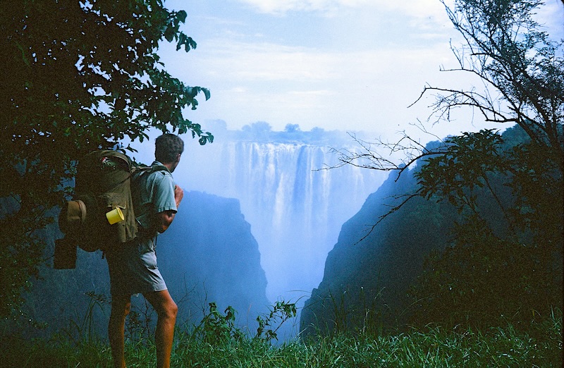 The author admiring Victoria Falls on the border of Zambia and Zimbabwe.